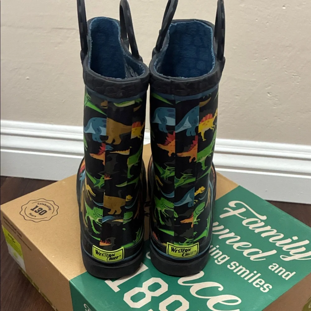WESTERN CHIEF Kids DINO WORLD Rain Boots PULL ON Colorful Dinosaur Print SZ 2